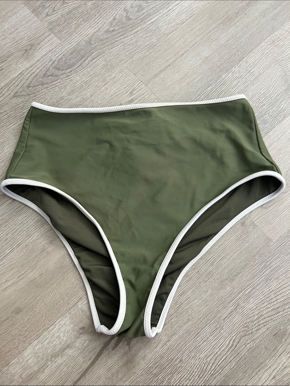 Aeri High-Waist High Cut Olive Green Bikini Bottom with White Trim